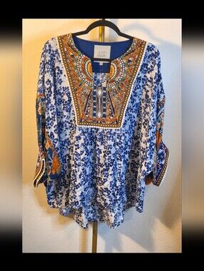 John Mark Blue Floral Embroidered Peasant Top
